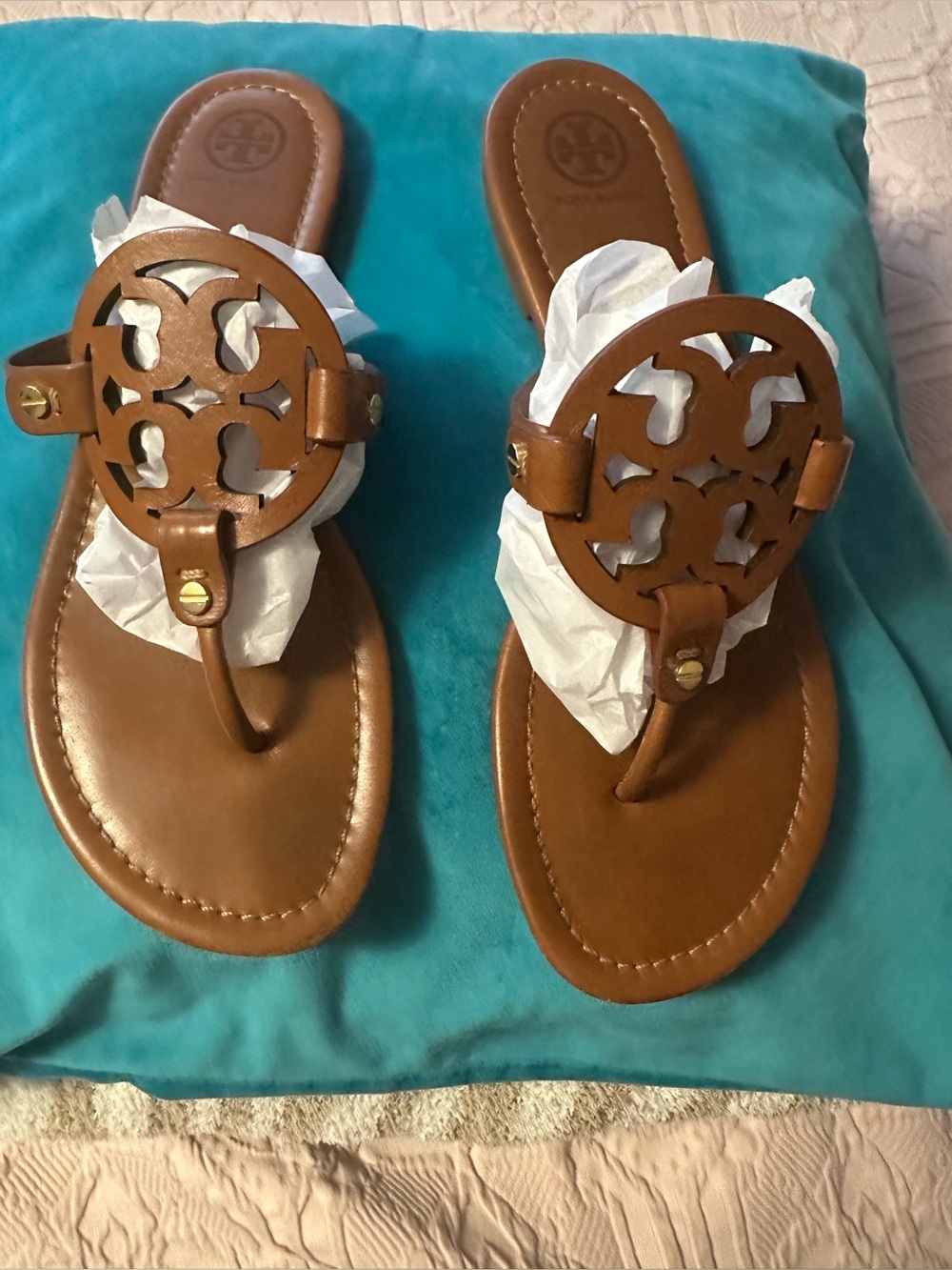 Tory Burch Brown Leather Cutout Logo Thong Sandals